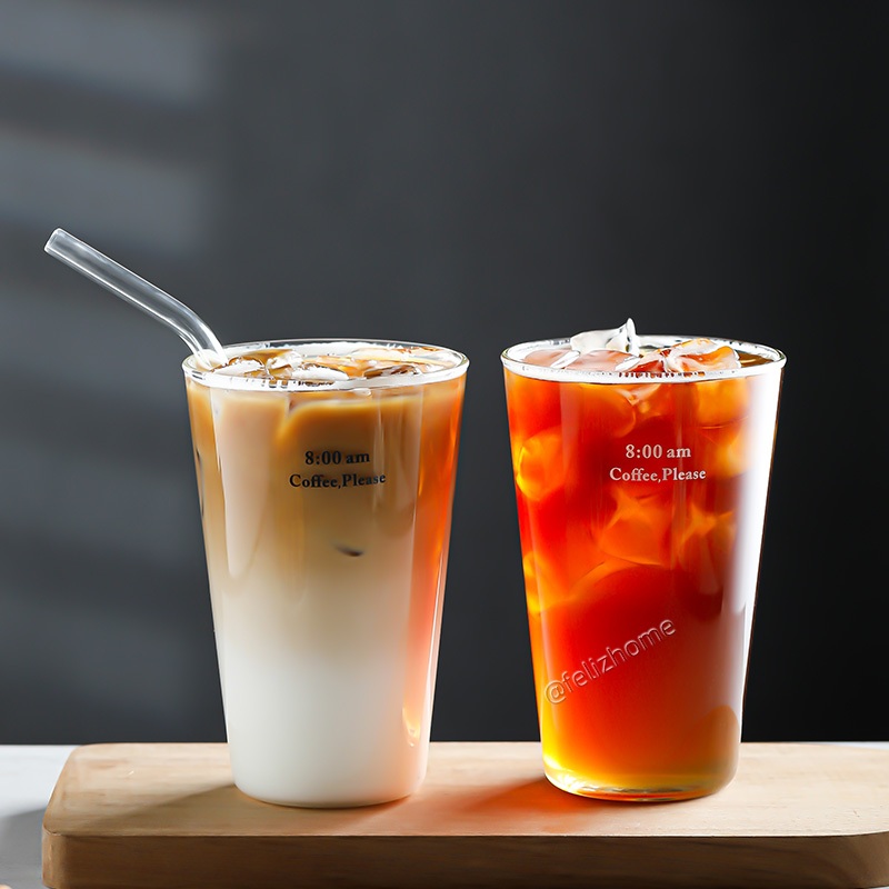 ในช่วงต้นแปดนาฬิกาดื่มแก้วกาแฟถ้วยน้ําที่เรียบง่ายถ้วยโปร่งใสถ้วยชานมทนความร้อนแก้วบอโรซิลิเกตสูงฟาง