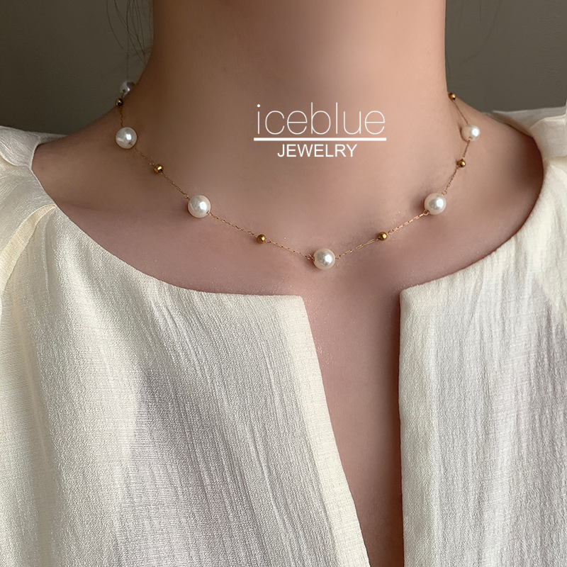 【iceblue】สร้อยคอสั้นแฟชั่นผู้หญิง ลูกปัดไข่มุก โซ่ทอง 18K กันน้ำไม่หมอง สแตนเลสเกรด 316L N59