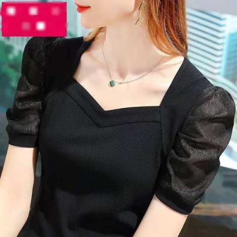 ใหม่ผู้หญิงเสื้อเสื้อแขนสั้นคอเรือแคบ-เอวธรรมดาถัก