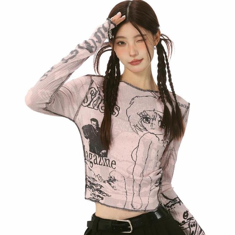 Manga Girl  Sweet Cool พิมพ์ครีมกันแดด Slim Fit เสื้อยืดแขนยาวอเนกประสงค์น้ําหนักเบาด้านบน