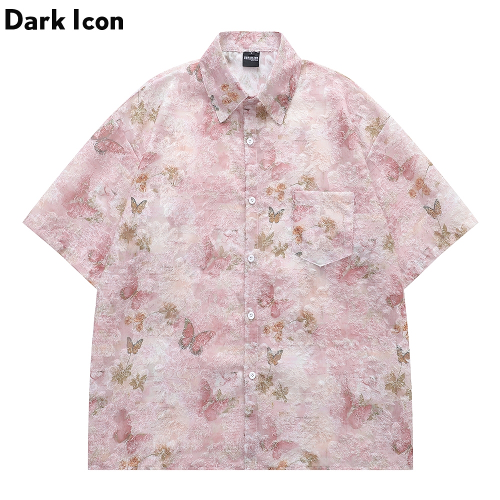 Dark Icon Front Pocket Butterfly Women Shirt Short Sleeve Summer Button Up Casual Shirts for Men
