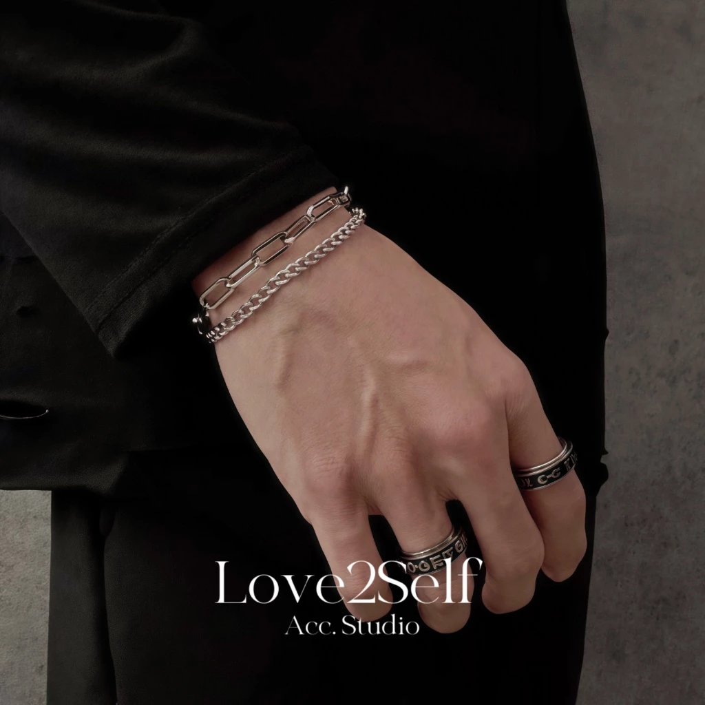 Love2Self S014 สร้อยข้อมือเงินสองชั้นสําหรับผู้ชาย Non Tarnished สแตนเลส Cool Chain สร้อยข้อมือ