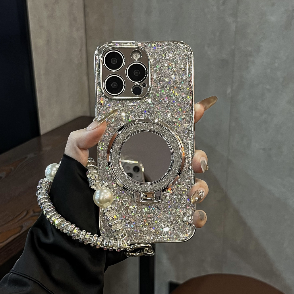 สวย แป้งฝุ่น 3D กระจกกระจก IMD เคสโทรศัพท์พร้อมสร้อยข้อมือสําหรับ Iphone 17 16promax 15 14 13 pro max 12 pro max 11 12 xsmax XR X XS