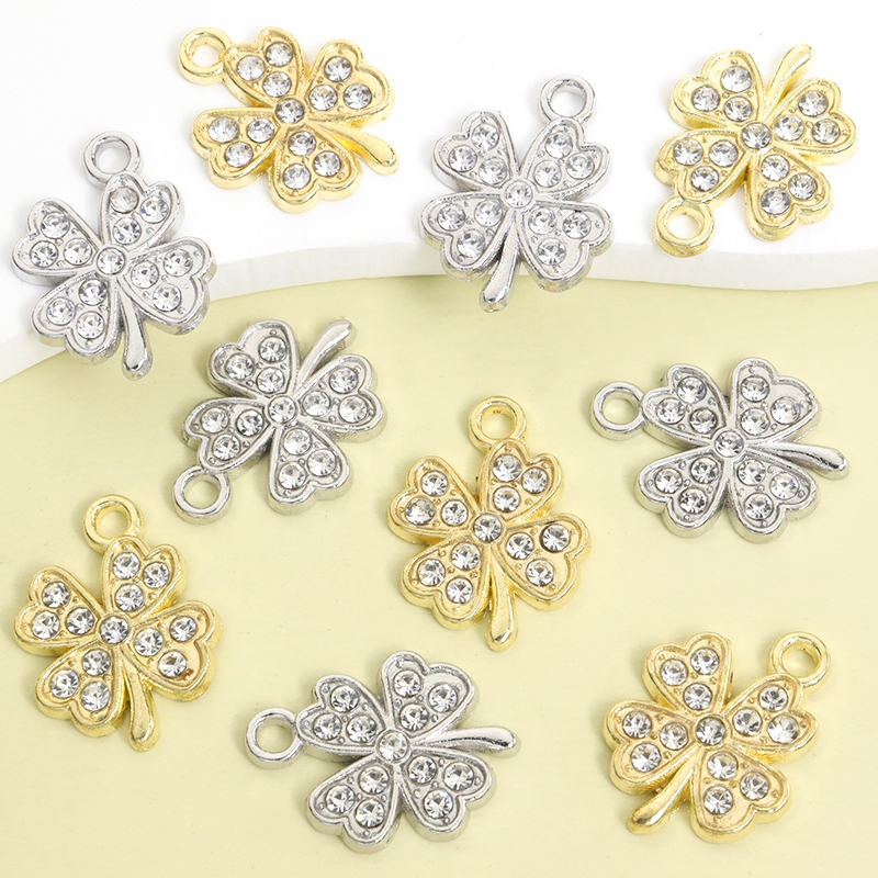 10 ชิ้นประกาย Rhinestones ฝัง Lucky Four-Leaf Clover Charms อารมณ์ง่าย Clavicle Chain, สร้อยคอ, สร้อยข้อมือ, ต่างหูและแขวนอื่นๆ DIY จี้โลหะผสม