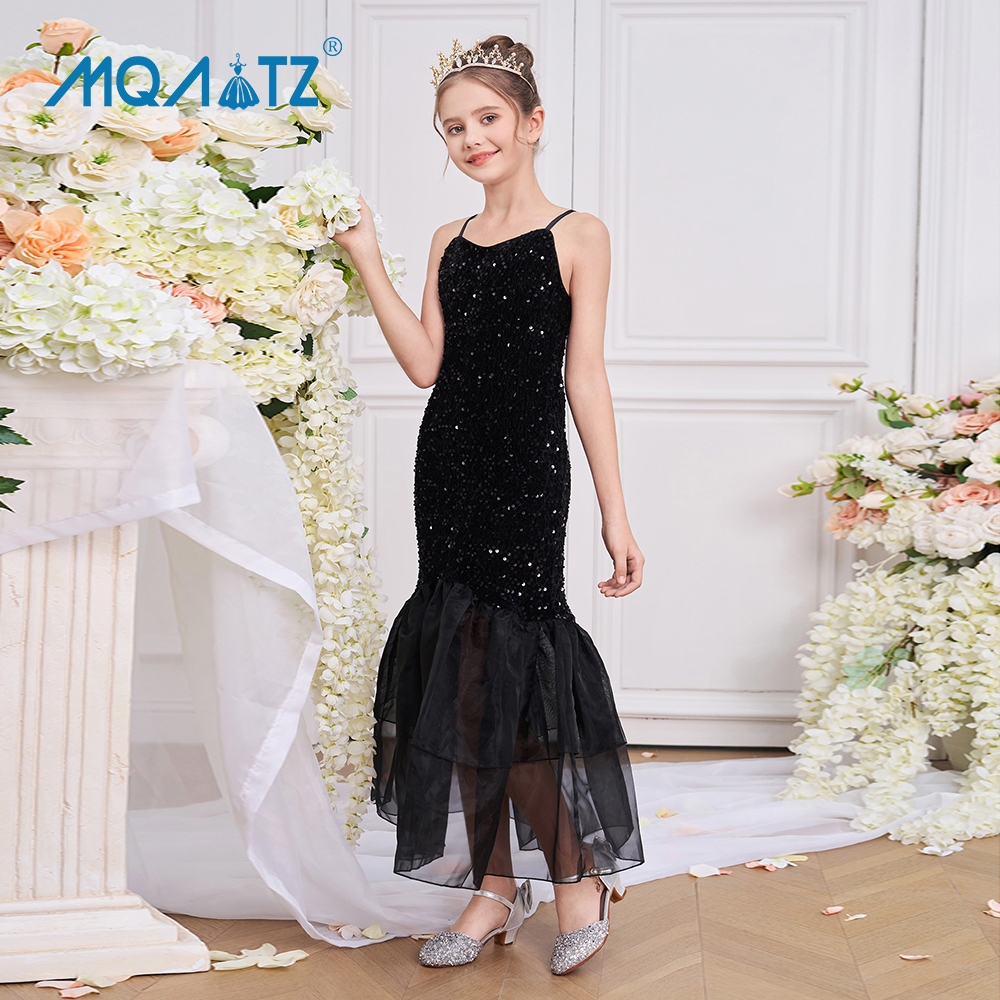 Mqatz สีดําสาว Fishtail ชุดสําหรับเด็กเสื้อผ้าเลื่อมสลิงชุดเจ้าหญิง Elegant Party Gown พิธี ALP-0099