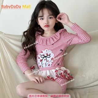 Hot [110-160] Free Hat Girls Swimsuit Set Long-Sleeved One-Piece Swimming Quick-Drying Sunscreen Cherry Princess Pink Red Purple Blue kids