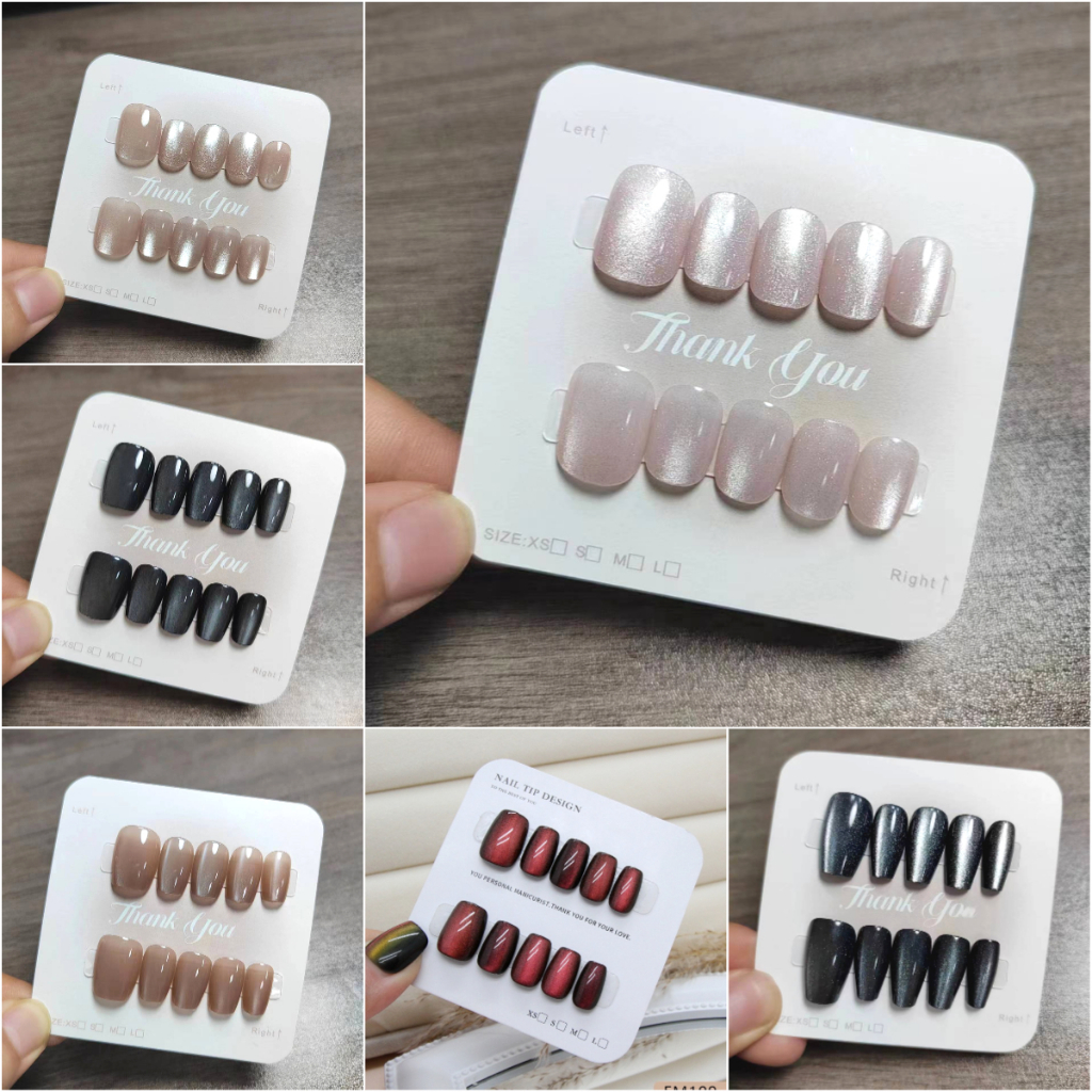 Handmade เล็บปลอมสั้น 10 ชิ้นพร้อมการออกแบบตาแมว, สีทึบและเรียบง่ายเล็บปลอมพร้อมเจลเยลลี่