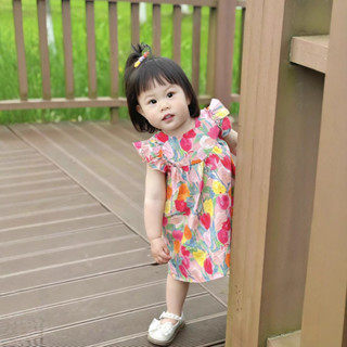 ชุดเด็กผู้หญิงฤดูร้อนใหม่น่ารักดอกทิวลิปพิมพ์กระโปรงผ้าฝ้ายค…