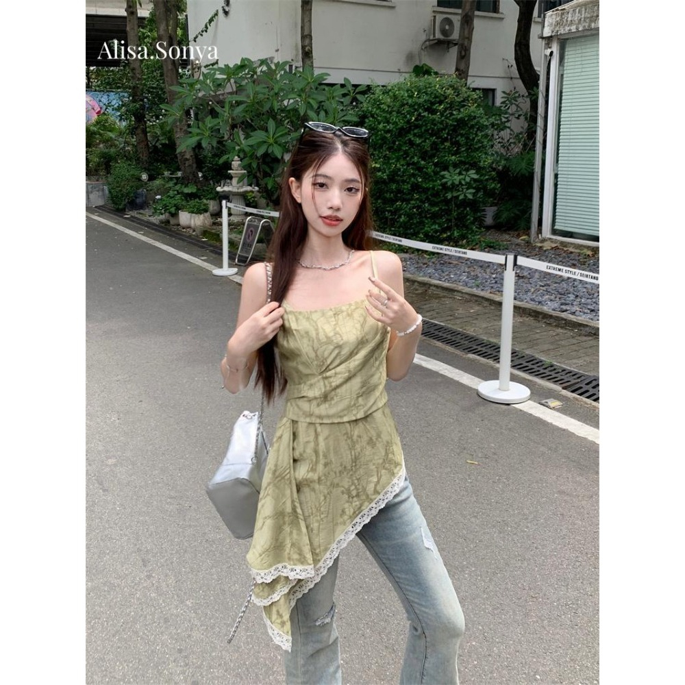 Alisa.Sonya เสื้อสายเดี่ยว สตรี ทรงไม่สมมาตร แต่งลูกไม้ สไตล์ฝรั่งเศส ใส่หน้าร้อน 24AS1239