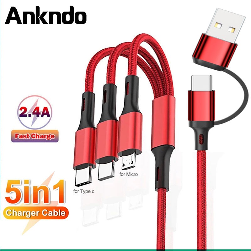 Ankndo 5 In 1 Multi USB Fast สายชาร์จ 3A USB A/C โทรศัพท์ Type-C/ Micro USB/ Light-ning Connector ไนลอนถัก Quick Charge สําหรับ Android แท็บเล็ต Wall Charger Line