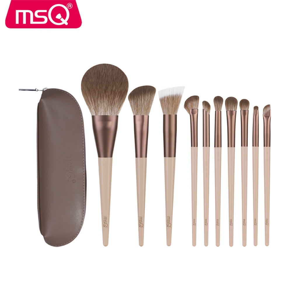 MSQ 10 ชุดแปรงแต่งหน้าไฟเบอร์ Mocha พร้อมแปรงครบชุดและกระเป๋าแปรงประณีต