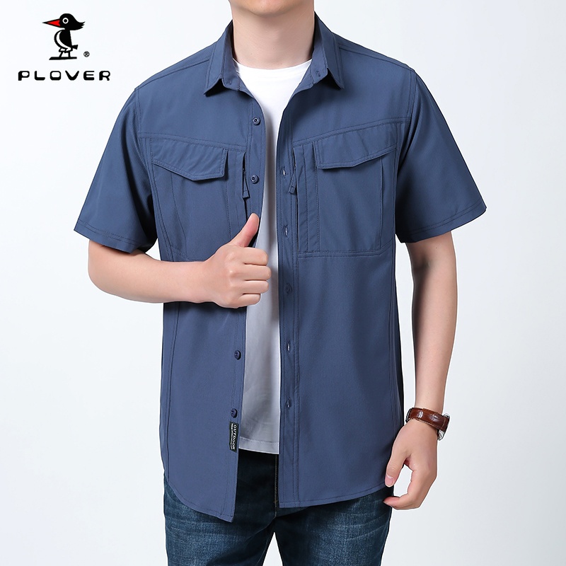 Plover เสื้อเชิ้ตผู้ชาย Quick-Drying เสื้อเชิ้ตแขนสั้นผู้ชายระบายอากาศขนาดบวกกระเป๋าซิป-Haze Blue