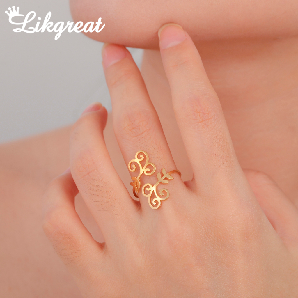 LIKGRET ผู้หญิง Elegant Gold Vine เปิดแหวนไทเทเนียมเหล็กไม่ซีดจางอุปกรณ์เสริมเครื่องประดับปรับได้