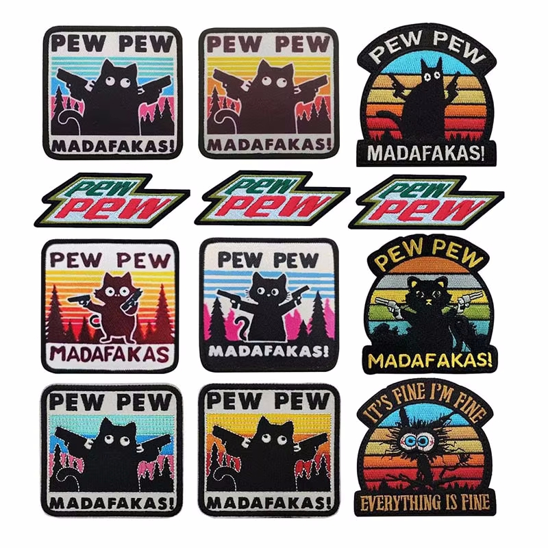 Pew PEW Madafakas แมวตลกป้ายเย็บปักถักร้อยผ้า Applique,สติกเกอร์ทหารยุทธวิธีแพทช์ตะขอห่วงสําหรับหมวก,กระเป๋าเป้สะพายหลัง