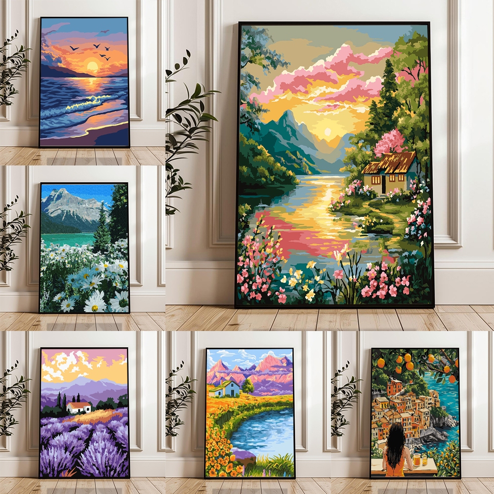 Drofe,ภาพระบายสีตามตัวเลข,ภูมิประเทศ,ระบายสีตามตัวเลข พร้อมกรอบ,diy ภาพวาด,สีอะคริลิค,การตกแต่งห้อง