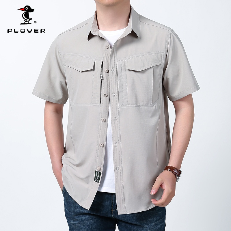 Plover เสื้อเชิ้ตผู้ชายฤดูใบไม้ผลิฤดูร้อน Quick-Drying เสื้อเชิ้ตแขนสั้นผู้ชายระบายอากาศขนาดบวกกระเป๋าซิป-สีเบจ