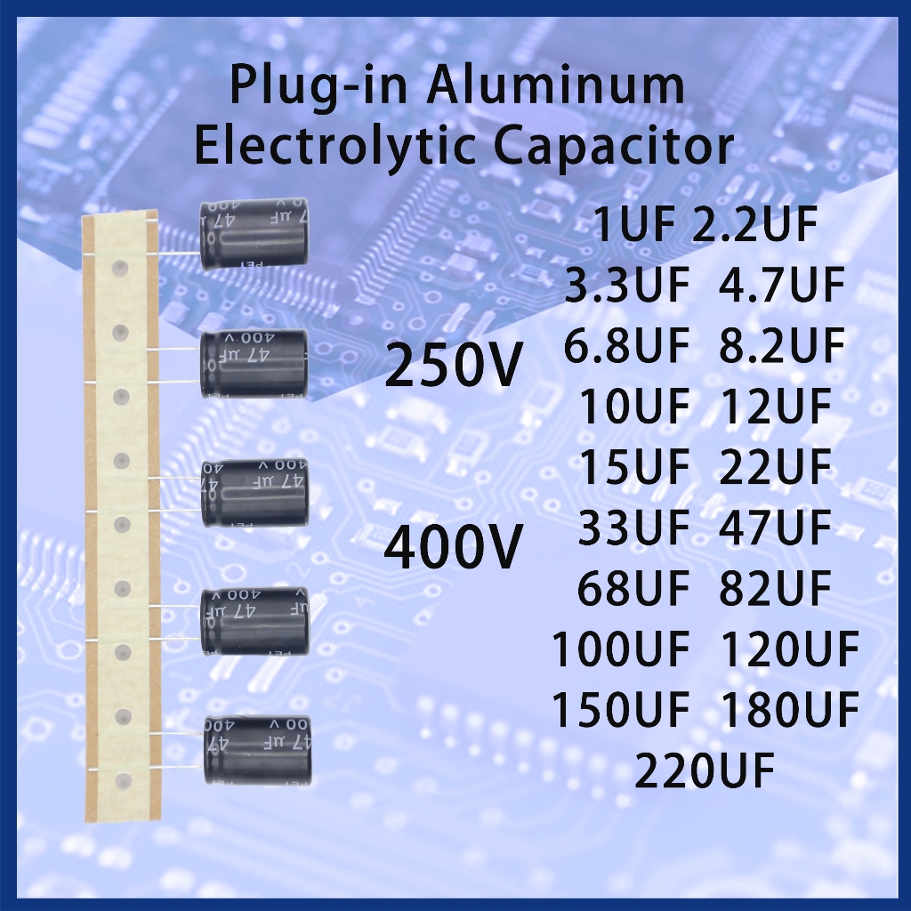 50 ชิ้น Plug-in อลูมิเนียม Electrolytic Capacitor 250V 400V 1UF 2.2UF 3.3UF 4.7UF 6.8UF 8.2UF 10UF 12UF 15UF 22UF 33UF 47UF 68UF 82UF 100UF 120UF 150UF 180UF 220UF