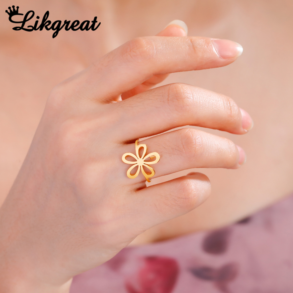 LIKGREAT แหวนดอกไม้ที่มีเสน่ห์หรูหราของผู้หญิงไทเทเนียมสแตนเลสเครื่องประดับที่ไม่ใช่ทาง