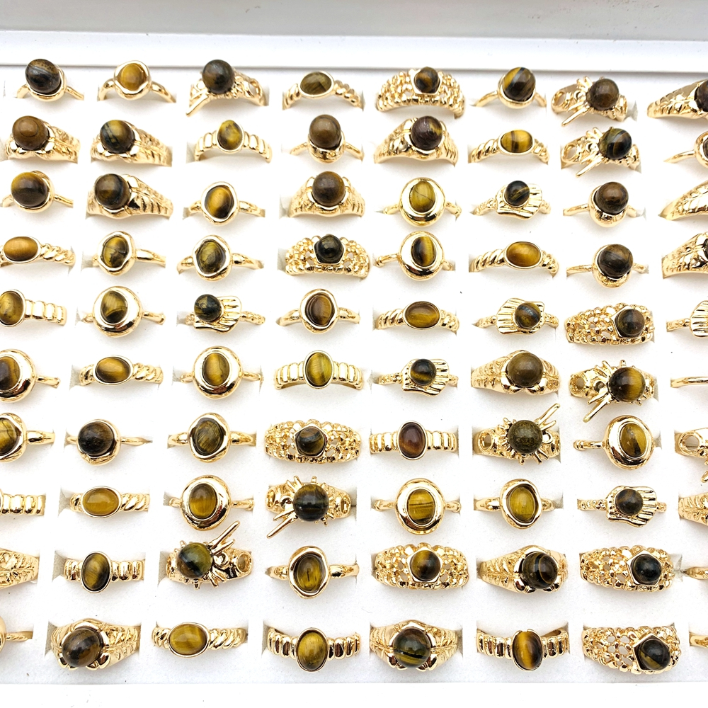 30 ชิ้น/ล็อต Retro สไตล์ชาติพันธุ์แหวนสําหรับผู้ชายและผู้หญิงธรรมชาติ Tiger Eye Stone แฟชั่นเครื่องประดับอุปกรณ์เสริม Silver Gold สี