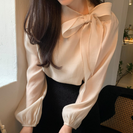 เกาหลีใต้ฤดูใบไม้ผลิใหม่การออกแบบฝรั่งเศสกับโบว์เสื้อแขนยาวสาวเสื้อระบายอากาศ