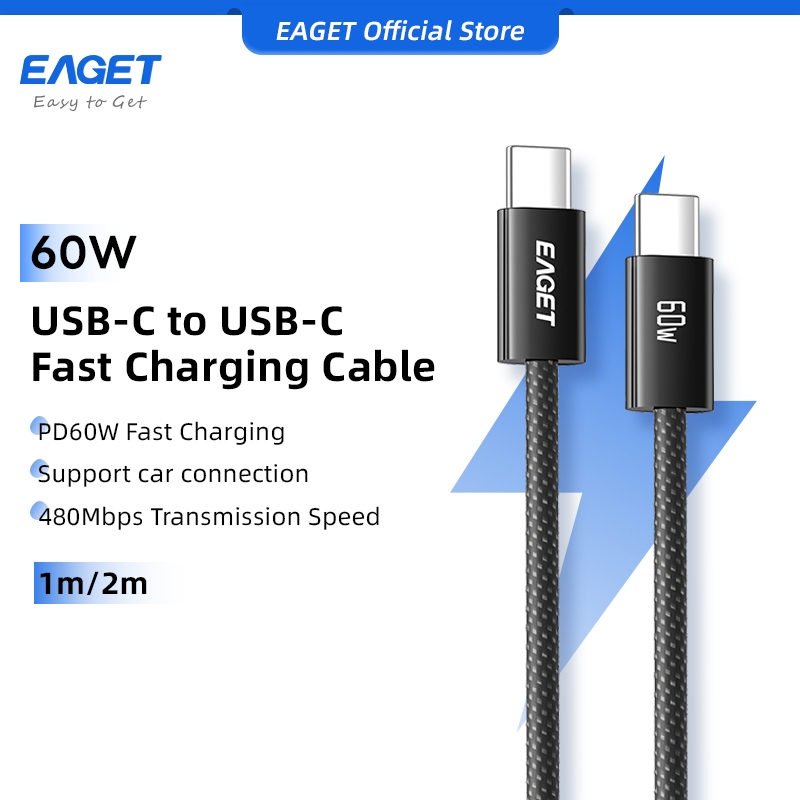 EAGET 60W Type C ถึง Type C สายเคเบิลข้อมูลสายเคเบิล Type-C สําหรับ iPhone 16/15, iPad, Samsung Galaxy