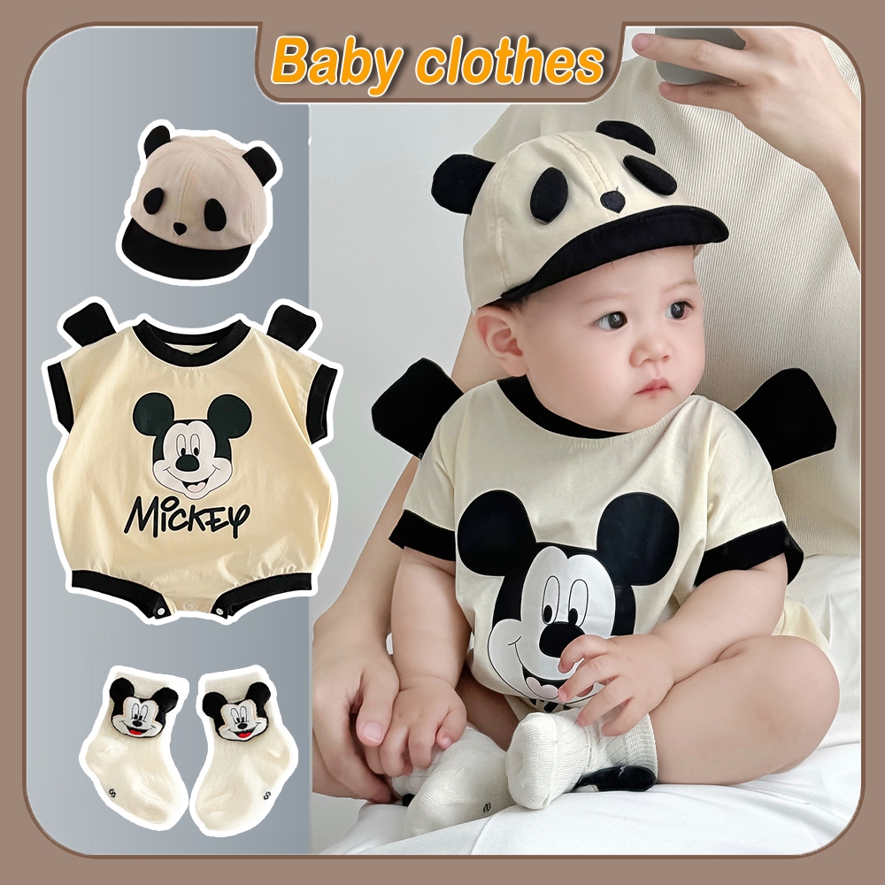 Disney ทารกแรกเกิดแขนสั้นผ้าฝ้ายเสื้อผ้าการ์ตูน Mickey Mouse รูปแบบ Boy Jumpsuit หล่อฤดูใบไม้ผลิและฤดูร้อน Onesie