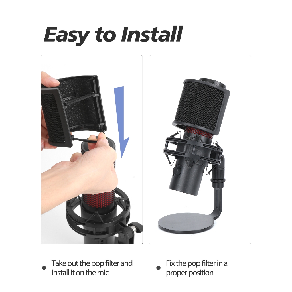 Sunmon Pop Filter หน้าจอป๊อปไมค์พร้อมตาข่ายโลหะ เข้ากันได้กับ HyperX QuadCast2 สําหรับสตูดิโอ วิดีโอ YouTube สตรีมมิ่ง Podcast (สีดํา)