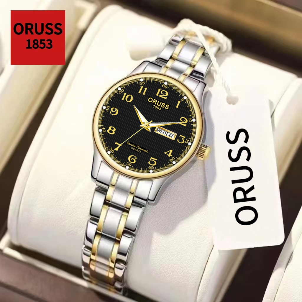 ORUSS Original หญิง Dual ปฏิทิน Luminous สแตนเลสหรูหรากันน้ําเงิน/ทองนาฬิกาแฟชั่นเกาหลีรุ่นนาฬิกาควอตซ์