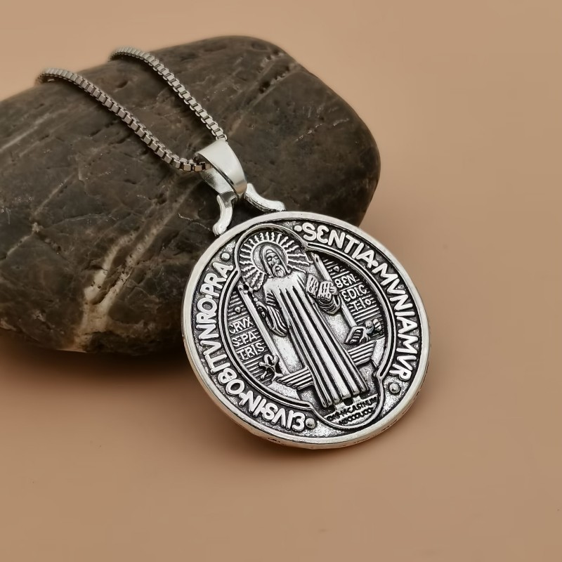 Saint Benedict Medal Silver-Tone Alloy Necklace-คริสเตียนศาสนาเครื่องประดับสําหรับผู้ชายและผู้หญิง, Baptism & Christmas Gifts (Vintage Unisex Charm)