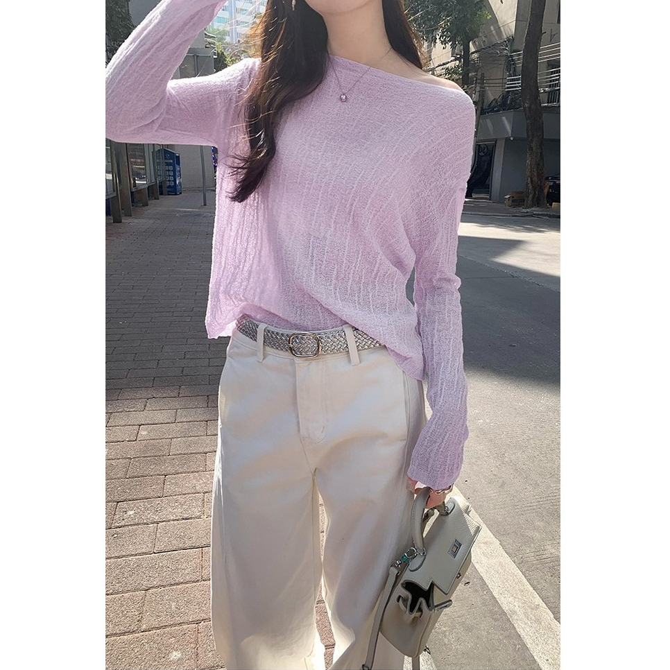 83845เสื้อยืดแขนยาวถักคอเดียวแบบมีพื้นผิว