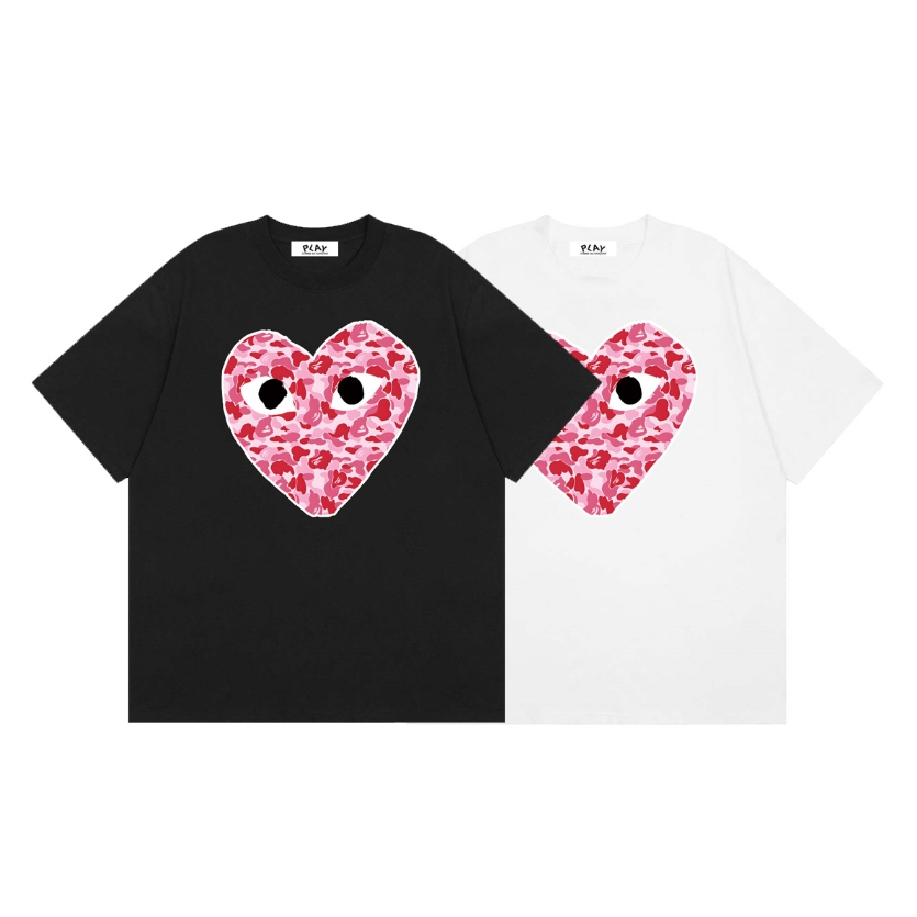 เสื้อยืดแขนสั้นฤดูร้อนพิมพ์ลายหัวใจสไตล์ข้อต่อสีชมพูสไตล์ Unisex