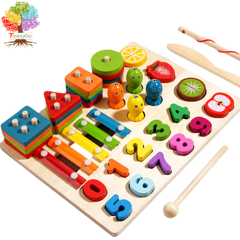 5-in-1 ไม้กิจกรรมสําหรับเด็กวัยหัดเดินเด็ก-Montessoriการเรียนรู้ของเล่นตกปลาแม่เหล็ก,จํานวนบล็อกปริศนา,รูปร่างSorter & Xylophone-ของขวัญการศึกษา
