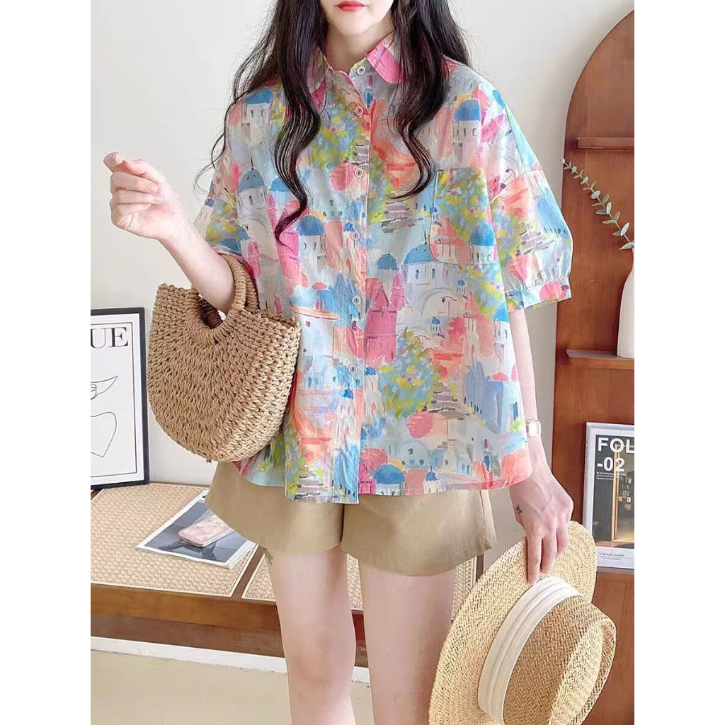 การ์ตูนดอกไม้สด Shir Guofeng คนรักปกอินเทรนด์และแฟชั่นพิมพ์เสื้อคู่ผู้ชายหลวมกระชับแฟชั่นแจ็คเก็ตชีฟองโปโลปกดอกไม้ครึ่งแขนเสื้อ