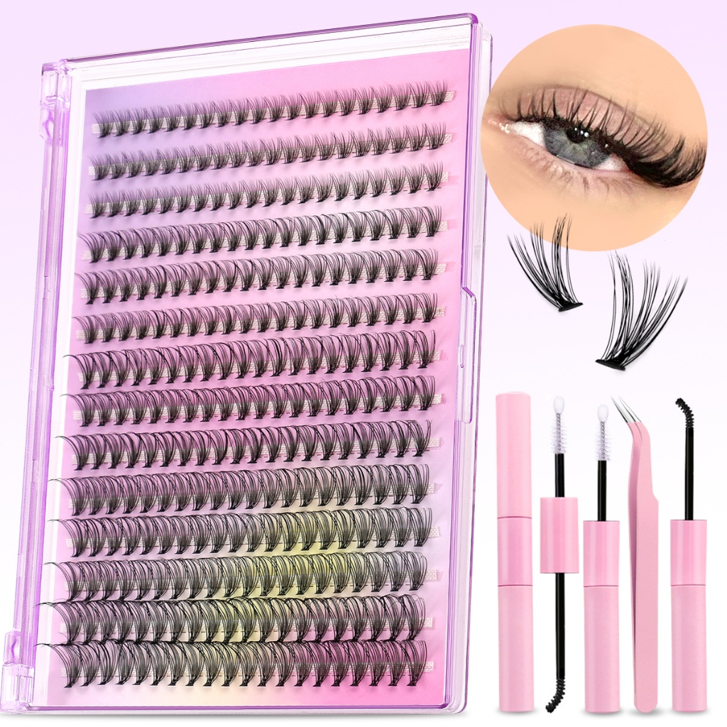 Groinneya 3D Fluffy Lash Cluster Set - DIY Mix C Curl & Wispy Indicated Lashes สําหรับปริมาณที่กําหนดเอง พร้อมกาวและเครื่องมือปราศจากน้ํายาง