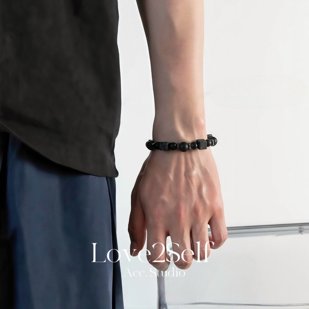 Love2Self S078 สร้อยข้อมือลูกปัดหินลาวาเย็นสายปรับได้สร้อยข้อมือ Unisex แฟชั่นเชือกลูกปัดสีดํา