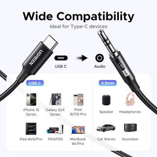 Ugreen USB C ถึง 3.5 มม.สาย Aux Type C 3.5 มม.หูฟังชายแจ็คปลั๊กอะแดปเตอร์รถเสริมสายสเตอริโอสําหรับโทรศัพท์ iPad