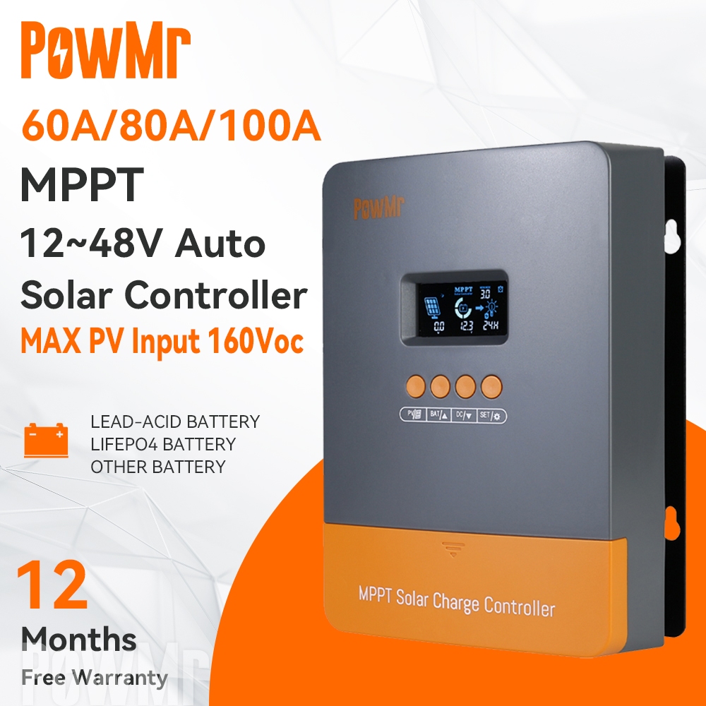 ชาร์จเร็วPowMr 60A &80A &100A MPPT Solar Controller พร้อมจอแสดงผล BlackLight LCD 12V-48V Auto Max PV อินพุต 160VDC รองรับขนานสูงสุด 12 หน่วย