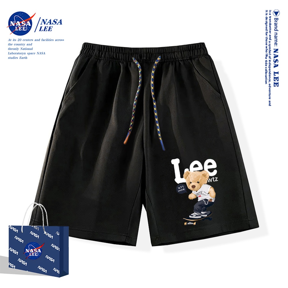 NASA เสื้อกางเกงขาสั้นสไตล์อเมริกัน ผ้าฝ้าย100% สำหรับผู้ชาย นุ่มสบายผิว ลายหมีสเก็ตบอร์ด ทรงขาสั้น