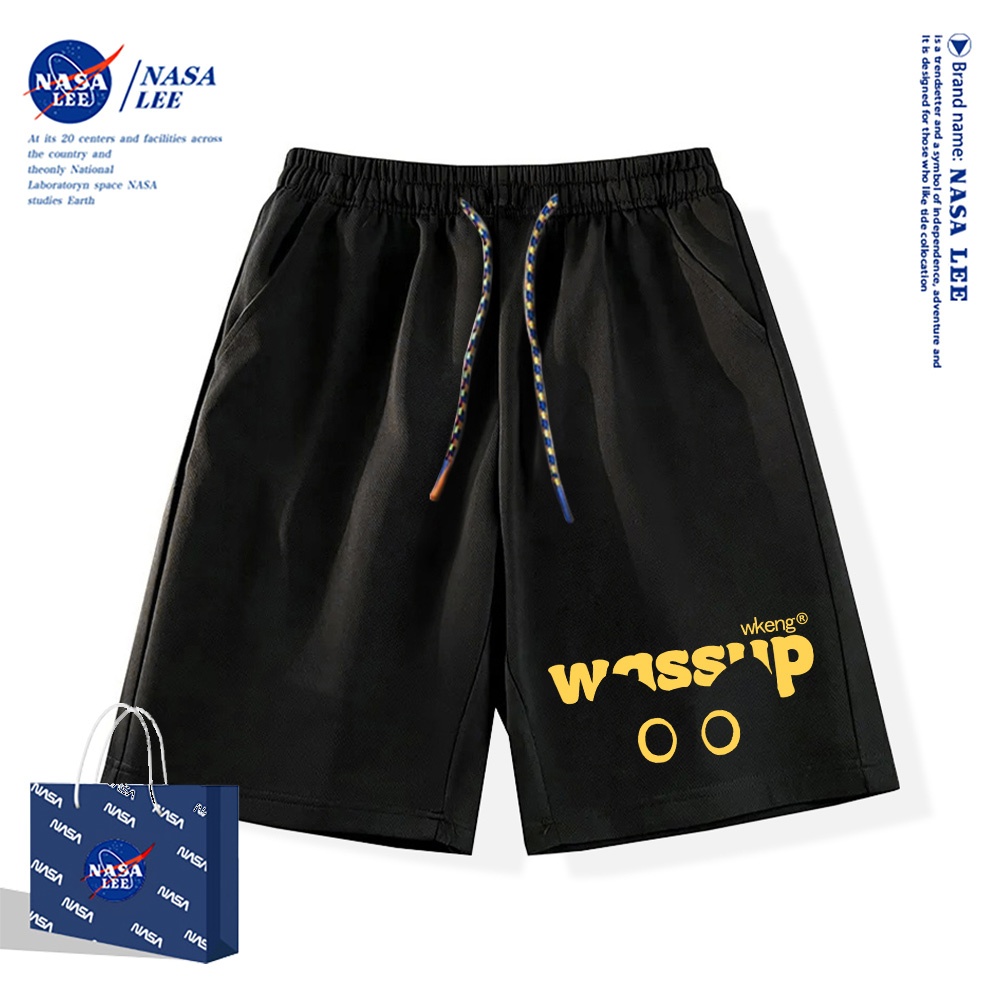 NASA เสื้อกางเกงขาสั้นสไตล์อเมริกัน ผ้าฝ้าย100% สำหรับผู้ชาย นุ่มสบายผิว ลายแมวขี้กลัว ทรงขาสั้น