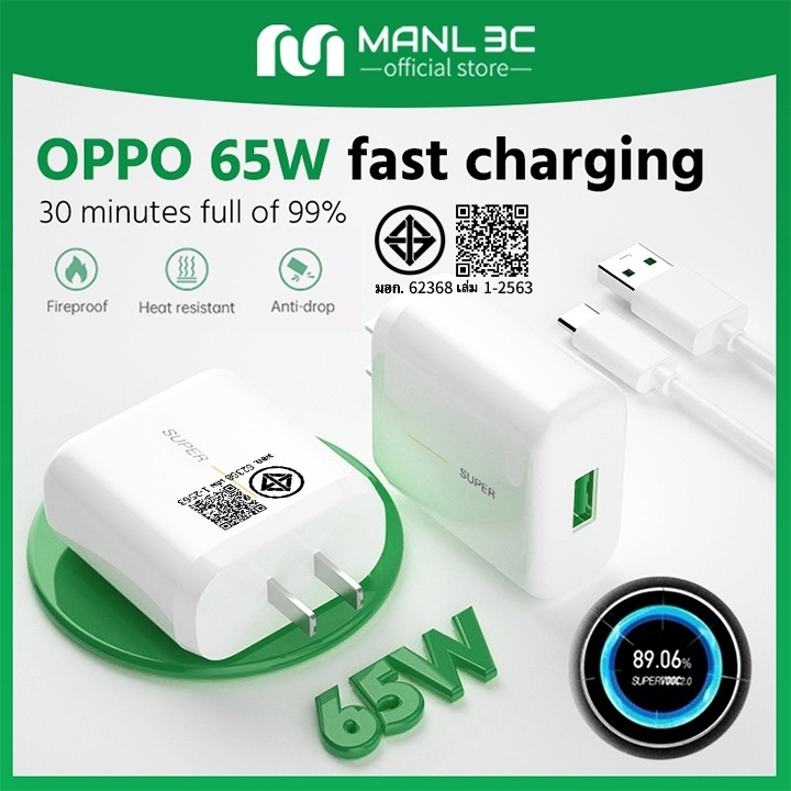 MANL 65W Super VOOC ชาร์จเร็ว+สายชาร์จ TYPE-C ชุดชาร์จออปโป้ รองรับการชาร์จเร็วแบบซุปเปอร์ 【หัวชาร์จ + สายชาร์จ 】