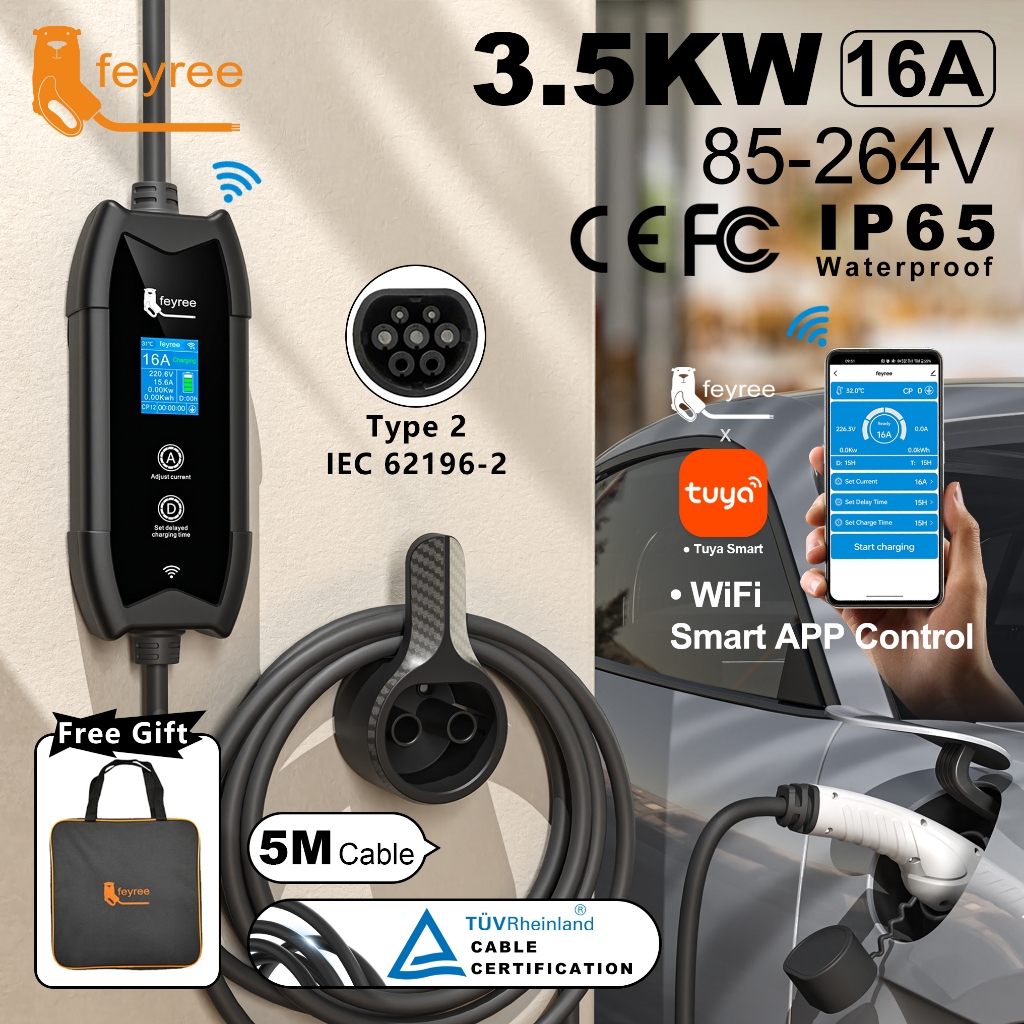 Feyree Type2 แบบพกพา EV Charger 5m สาย WIFI APP ควบคุม 16A 3.5KW ชุดชาร์จและDelayTime สําหรับรถยนต์ 