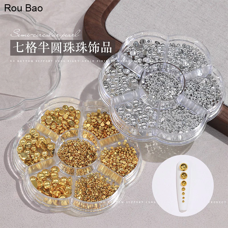Rou Bao 7 กริดเล็บเงินทองครึ่งรอบลูกปัด Glitter Girly เรซิ่นเล็บ Art DIY Charms ตกแต่ง