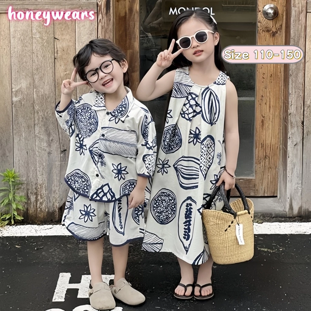 honeywears⚡️พร้อมส่ง⚡️ชุดเด็กแขนสั้นสไตล์เกาหลี ชุดชายหาดลำลอง เสื้อเชิ้ตเด็กชายกางเกงขาสั้น ชุดเดรสแขนกุดเด็กผู้หญิง ไซส์ 110-150