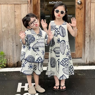 honeywears⚡️พร้อมส่ง⚡️ชุดเด็กแขนสั้นสไตล์เกาหลี ชุดชายหาดลำลอง เสื้อเชิ้ตเด็กชายกางเกงขาสั้น ชุดเดรสแขนกุดเด็กผู้หญิง ไซส์ 110-150