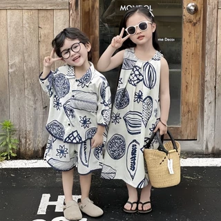 honeywears⚡️พร้อมส่ง⚡️ชุดเด็กแขนสั้นสไตล์เกาหลี ชุดชายหาดลำลอง เสื้อเชิ้ตเด็กชายกางเกงขาสั้น ชุดเดรสแขนกุดเด็กผู้หญิง ไซส์ 110-150