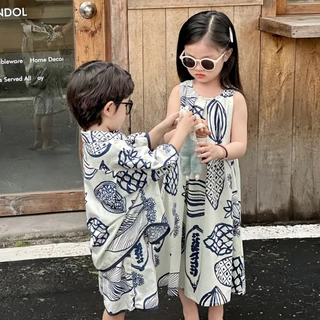 honeywears⚡️พร้อมส่ง⚡️ชุดเด็กแขนสั้นสไตล์เกาหลี ชุดชายหาดลำลอง เสื้อเชิ้ตเด็กชายกางเกงขาสั้น ชุดเดรสแขนกุดเด็กผู้หญิง ไซส์ 110-150