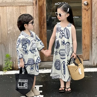 honeywears⚡️พร้อมส่ง⚡️ชุดเด็กแขนสั้นสไตล์เกาหลี ชุดชายหาดลำลอง เสื้อเชิ้ตเด็กชายกางเกงขาสั้น ชุดเดรสแขนกุดเด็กผู้หญิง ไซส์ 110-150