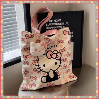 ใหม่น่ารัก ซานริโอ Hello Kitty ผ้าใบกระเป๋า ซานริโอ การ์ตูนน่ารักผ้าใบกระเป๋าไหล่ขนาดใหญ่-ความจุผ้าใบกระเป๋าเปิดนักเรียนพร็อพกระเ