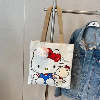 ใหม่น่ารัก ซานริโอ Hello Kitty ผ้าใบกระเป๋า ซานริโอ การ์ตูนน่ารักผ้าใบกระเป๋าไหล่ขนาดใหญ่-ความจุผ้าใบกระเป๋าเปิดนักเรียนพร็อพกระเ
