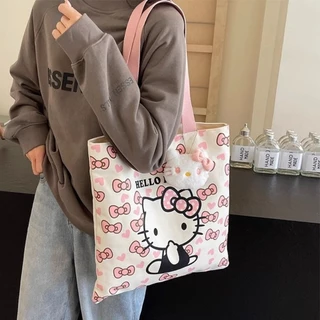 ใหม่น่ารัก ซานริโอ Hello Kitty ผ้าใบกระเป๋า ซานริโอ การ์ตูนน่ารักผ้าใบกระเป๋าไหล่ขนาดใหญ่-ความจุผ้าใบกระเป๋าเปิดนักเรียนพร็อพกระเ